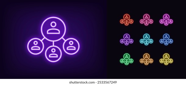 Líder del equipo de neón, conjunto de iconos de Vector. Icono de jefe ejecutivo de neón brillante, grupo de directores, sistema de gestión de personas. Jefe jefe, organización de control de equipo, gestión de trabajo en equipo, asociación, distribución