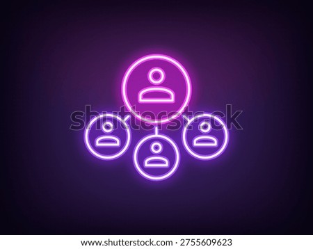 Outline neon team leader, violet magenta. Neon executive chief icon, director group, people management system. Head boss, team control organization, teamwork manage, partnership, distribution. Vector
