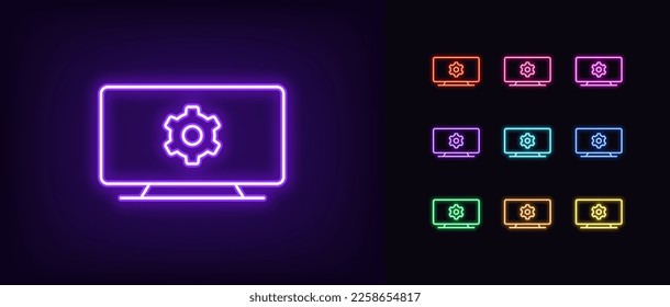 Outline neon television icon. Glowing neon TV screen frame with gear sign, television settings pictogram. Broadcast video setting control, display adjustment, tv channel configuration. Vector icon set