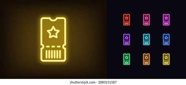 Umreißen Sie das neonale Ticketsymbol. Glühende Neonkarte mit Stern, Piktogramm in lebhaften Farben. Geschenkgutschein, Kinokarte, Eintrittskarte, Tombola- und Lotteriekarte. Vektorsymbol-Set, Symbol für Benutzeroberfläche