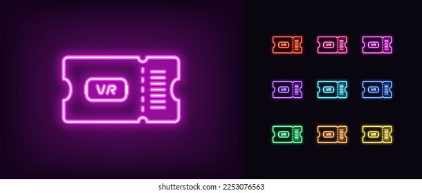 Outline neon ticket icon. Glowing neon ticket frame with VR glasses sign, virtual reality cinema. Digital pass for gaming metaverse event, discount coupon for VR games. Vector icon set