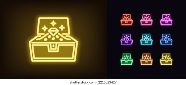 Outline neon treasure chest icon. Glowing neon opened chest with gold coins and diamond, treasure box pictogram. Chest with precious pile of golden coins, jewelry and riches. Vector icon set