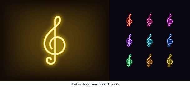 Icono de eslabón de neon treble. Glifo con notas de neón brillantes, pictograma clave de violín. Treble nota de clef, música clásica y melodía, sinfonía, concierto musical y actuación. Conjunto de iconos del vector