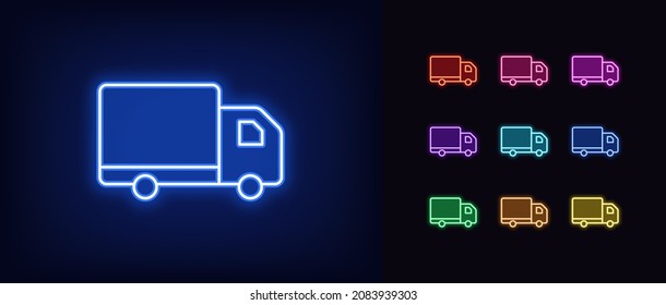 Outline neon truck icon. Glowing neon truck sign, lorry pictogram in vivid colors. Order delivery, cargo transportation, lorry express shipping, freight shipment. Vector icon set, symbol for UI