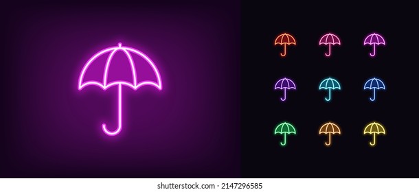 Outline Neon Umbrella Icon. Glowing Neon Umbrella Sign, Parasol Pictogram. Fashion Accessory, Rain And Water Protection, Moisture Resistant, Protective Umbrella, Security Screen. Vector Icon Set