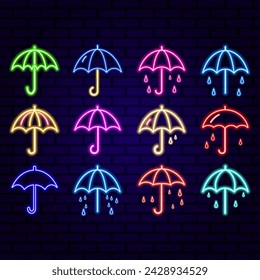 Outline neon umbrella icon. Glowing neon umbrella sign, parasol pictogram. Fashion accessory, rain and water protection, moisture resistant, protective umbrella, security screen. Vector icon set