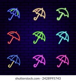 Outline neon umbrella icon. Glowing neon umbrella sign, parasol pictogram. Fashion accessory, rain and water protection, moisture resistant, protective umbrella, security screen. Vector icon set