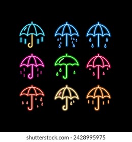 Outline neon umbrella icon. Glowing neon umbrella sign, parasol pictogram. Fashion accessory, rain and water protection, moisture resistant, protective umbrella, security screen. Vector icon set