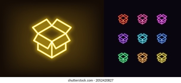 Outline Neon Unbox Icon. Glowing Neon Box Sign, Open Package And Cargo. Gift Unboxing, Goods Unpacking, Surprise, Giveaway, New Product. Vector Icon Set, Sign, Symbol For UI