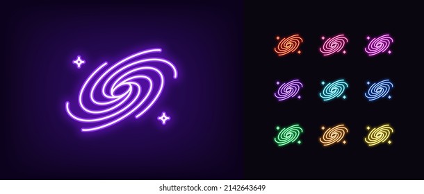 Outline neon universe icon. Glowing neon galaxy with stars, space universe pictogram. Black hole, galactic spiral, milky way, stellar vortex, interstellar portal. Vector icon set, symbol for UI