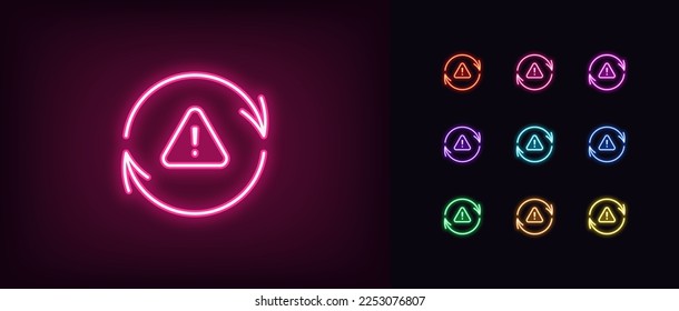 Outline neon update icon. Glowing neon update arrows frame with exclamation mark, important upgrade warning pictogram. Error synchronize, reload alert, restart notice. Vector icon set