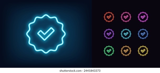 Outline neon Verified badge icon set. Glowing neon blue tick sign, approved checkmark. Verified user in social media, certified and original account, confirmed profile, verification mark. Vector icons