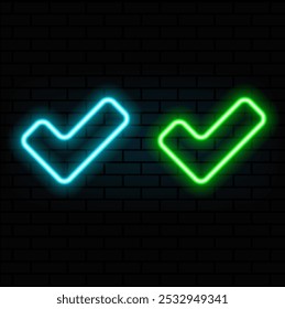 Outline neon Verified badge icon set. Glowing neon blue tick sign, approved checkmark. Verified user in social media, certified and original account, confirmed profile, verification mark. Vector icons