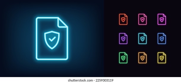 Outline neon verified file icon. Glowing neon document frame with shield and tick sign, secure deal pictogram. Guarantee document and business contract, safe agreement, checked report. Vector icon set