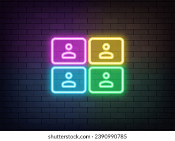 Outline neon video conference, colorful vector icon. Work team video call meeting, online conference, webinar, remote virtual session. Glowing neon Group video chat with participants in web windows