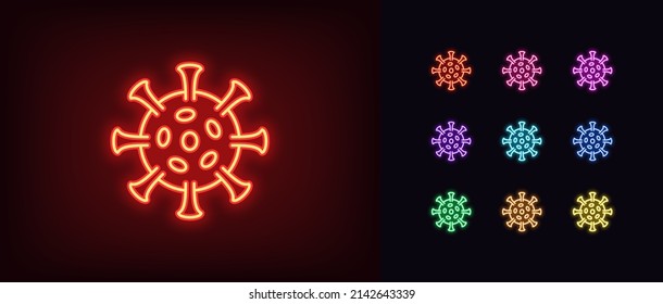 Outline Neon Virus Variant Icon. Glowing Neon Virus Strain, Germ And Bacteria Mutation Pictogram. Coronavirus, Pathogen Microorganism, Infection, Microbe Form. Vector Icon Set, Symbol For UI