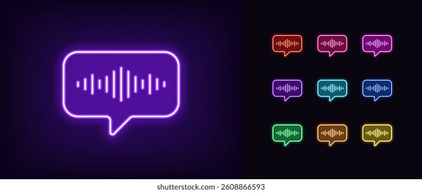 Outline neon voice message icon set. Glowing neon bubble message with sound wave, voice record icon. Audio notification, voice control and search, speech identification, microphone record. Vector icon