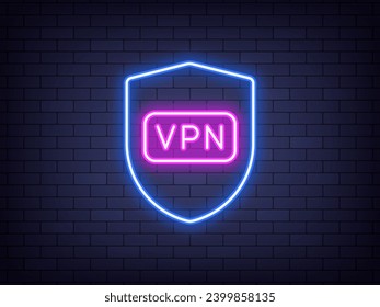 Outline neon VPN icon, blue purple. Glowing neon shield sign with VPN button on brick wall. Safe virtual private network. Secure personal internet access. VPN app, proxy address. Vector illustration