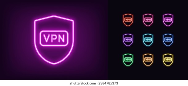 Outline neon VPN icon set. Glowing neon shield sign with VPN button. Safe virtual private network. Secure personal internet access, proxy address. VPN web app, global cyber security. Vector icon set