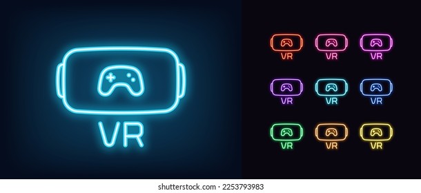 Outline neon VR glasses icon. Glowing neon VR glasses frame with gamepad sign, gaming in virtual reality. Digital game store for VR headset, virtual gaming world and metaverse. Vector icon set