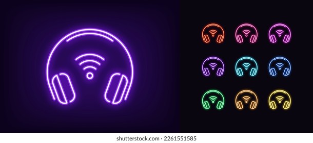 Outline neon wifi headphones icon. Glowing neon music headset frame with wifi sign, wireless headphones connection and control. Portable earphones for Dj and gamer. Vector icon set