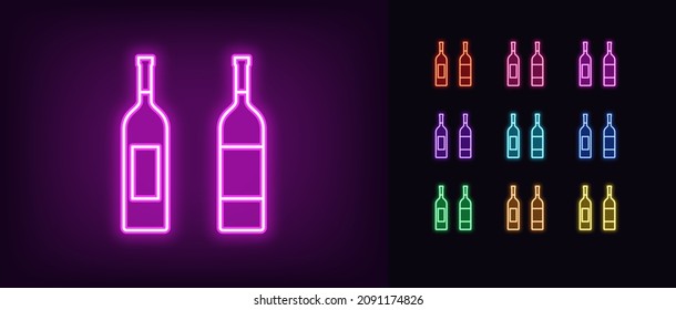 Outline neon wine bottle icon. Glowing neon wine shop sign, alcohol drink pictogram in vivid color. Winery, premium wine exhibition, wine cellar and drinks tasting. Vector icon set, symbol for UI