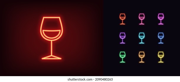 Outline neon wine glass icon. Glowing neon wineglass sign, alcohol drink pictogram in vivid colors. Premium wine exhibition, wine tasting, drinks degustation, wineshop. Vector icon set, symbol for UI