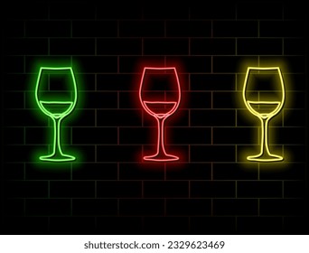 Outline neon wine glass icon. Glowing neon wine glass sign, alcoholic drink pictogram in vivid color. Premium wine exhibition, wine tasting, beverage tasting, wineshop. Vector icon set. many colors.