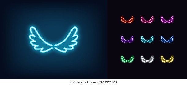 Outline neon wing icon. Glowing neon Bird wings silhouette in cartoon style, angel wings pictogram. Flight and freedom, cute wings for decoration, flying angel. Vector icon set for UI