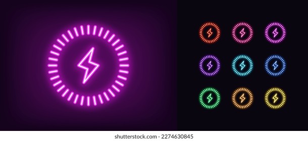 Outline neon wireless charger icon. Glowing neon wireless charging circle with lightning sign, electric charge pictogram. Inductive dock station for charging devices. Vector icon set