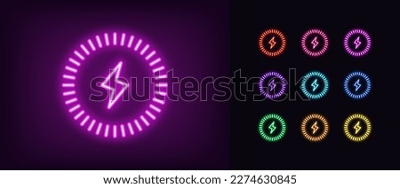 Outline neon wireless charger icon. Glowing neon wireless charging circle with lightning sign, electric charge pictogram. Inductive dock station for charging devices. Vector icon set