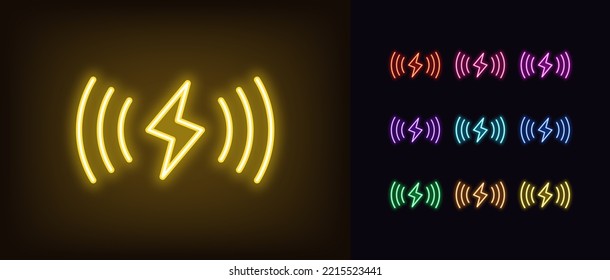 Outline neon wireless charging icon. Glowing neon Wireless charger sign, electric charge with waves, lightning pictogram. Inductive dock station for charging devices and gadgets. Vector icon set