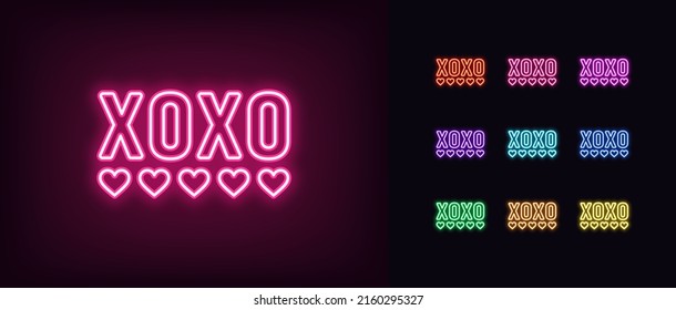 Outline neon XOXO icon. Glowing neon XOXO text with hearts, love pictogram. Hugs and kisses slogan, XOXO message, romantic quote and saying, show love. Vector icon set for UI