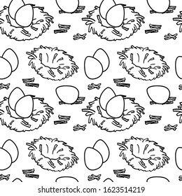 Outline nest on white backdrop. Easter eggs seamless pattern for apparel, wallpaper, wrap paper, sleeper, bath tile or bed linen. Phone case or cloth print art. Drawn style stock vector illustration