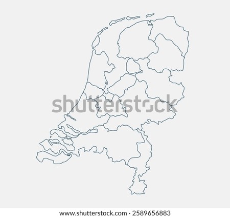Outline Netherlands map isolated on white background. Netherlands map. Netherlands map outline template. Editable Netherlands map outline with provincial divisions. Vector illustration