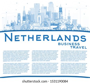 Outline Netherlands Skyline with Blue Buildings and Copy Space. Vector Illustration. Tourism Concept with Historic Architecture. Cityscape with Landmarks. Amsterdam. Rotterdam. The Hague. Utrecht. 