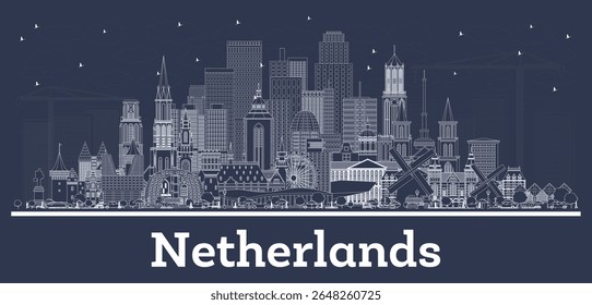 Outline Netherlands Skyline com edifícios brancos. Ilustração de vetor. Conceito de Turismo com Arquitetura Histórica. Paisagem urbana com pontos de referência. Amsterdã. Roterdão. Haia. Utreque.