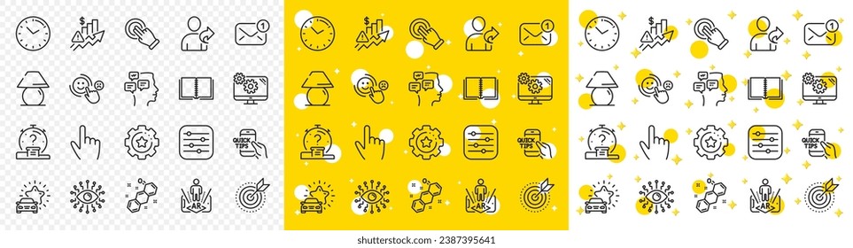 Contorno Nuevo mensaje, propósito de destino e iconos de línea de la lámpara de mesa para web con icono de línea de gestos Educación, Libro, Pantalla táctil. Mensajes, hora, icono del pictograma de satisfacción del cliente. Vector