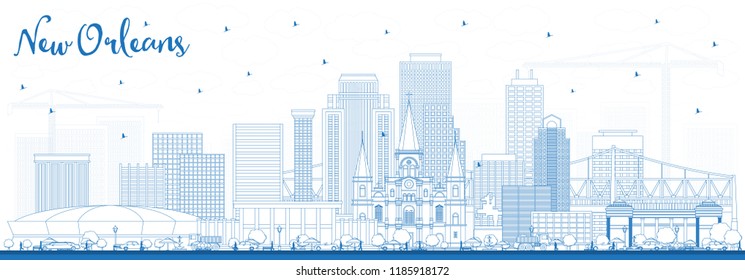 Outline New Orleans Louisiana City Skyline with Blue Buildings. Vector Illustration. Business Travel and Tourism Concept with Modern Architecture. New Orleans USA Cityscape with Landmarks.