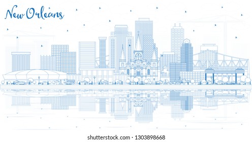 Outline New Orleans Louisiana City Skyline with Blue Buildings and Reflections. Vector Illustration. Tourism Concept with Modern Architecture. New Orleans USA Cityscape with Landmarks. 