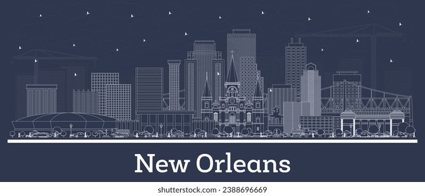 Outline New Orleans Louisiana city skyline with white buildings. Vector illustration. Business travel and tourism concept with historic architecture. New Orleans cityscape with landmarks.