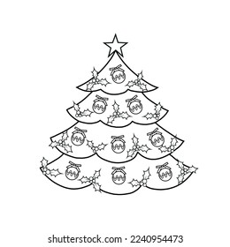 Outline New Year Magical Christmas tree with holiday balls and holly berries decorations isolated on white background. Can be used for celebration cards banner designs or coloring book template.