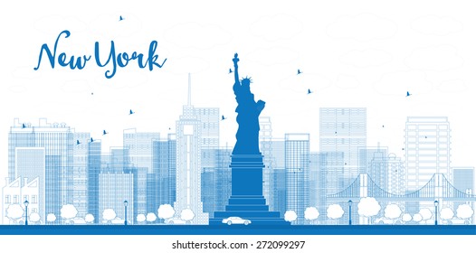 Outline New York city skyline with skyscrapers. Vector illustration. Business and tourism concept with place for text. Image for presentation, banner, placard and web site