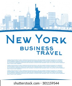 Outline New York city skyline with blue buildings and copy space. Business travel and tourism concept with place for text. Image for presentation, banner, placard and web site. Vector illustration