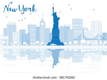 Outline New York city skyline with blue buildings. Vector illustration. Business travel and tourism concept with place for text. Image for presentation, banner, placard and web site