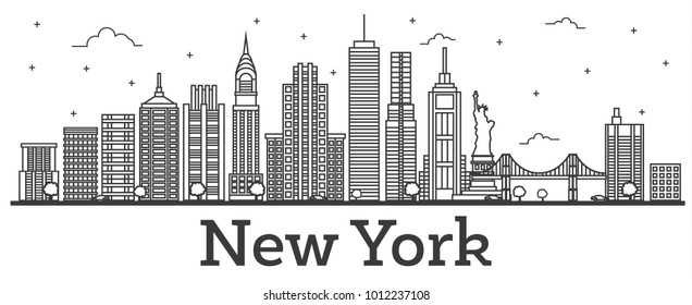 Outline New York USA City Skyline with Modern Buildings Isolated on White. Vector Illustration. New York Cityscape with Landmarks.