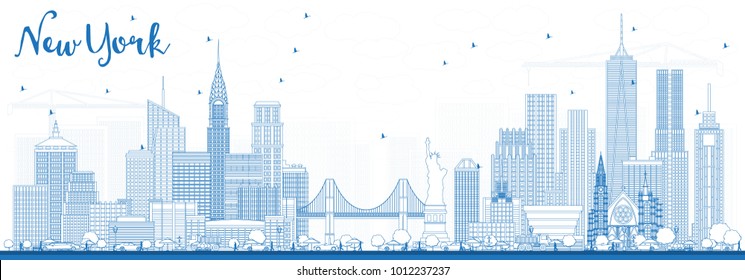 Outline New York USA City Skyline with Blue Buildings. Vector Illustration. Business Travel and Tourism Concept with Modern Architecture. New York Cityscape with Landmarks.