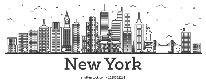 Outline New York USA City Skyline with Modern Buildings Isolated on White. Vector Illustration. New York Cityscape with Landmarks.