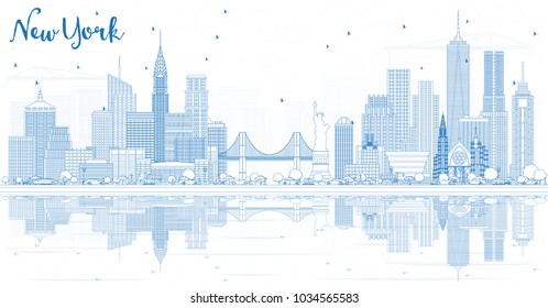 Outline New York USA City Skyline with Blue Buildings and Reflections. Vector Illustration. Business Travel and Tourism Concept with Modern Architecture. New York Cityscape with Landmarks.