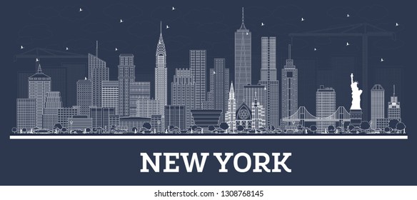 Outline New York USA City Skyline with White Buildings. Vector Illustration. Business Travel and Tourism Concept with Modern Architecture. New York Cityscape with Landmarks.